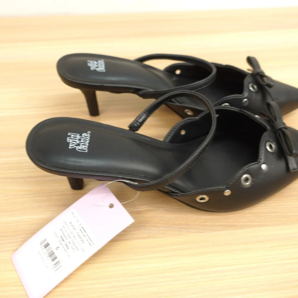 Y2K Coquette Mule Pumps Womens 6 Black Bow Eyelet Kitten Heel Pointed WILD FABLE